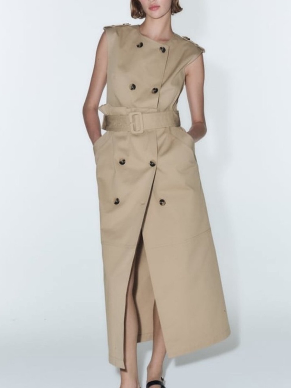 Zara Sleeveless Trench Midi Dress in Camel. NWOT